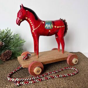 Vintage Wood Carved Horse on Wheels Primitive Folk Art Decorative Red